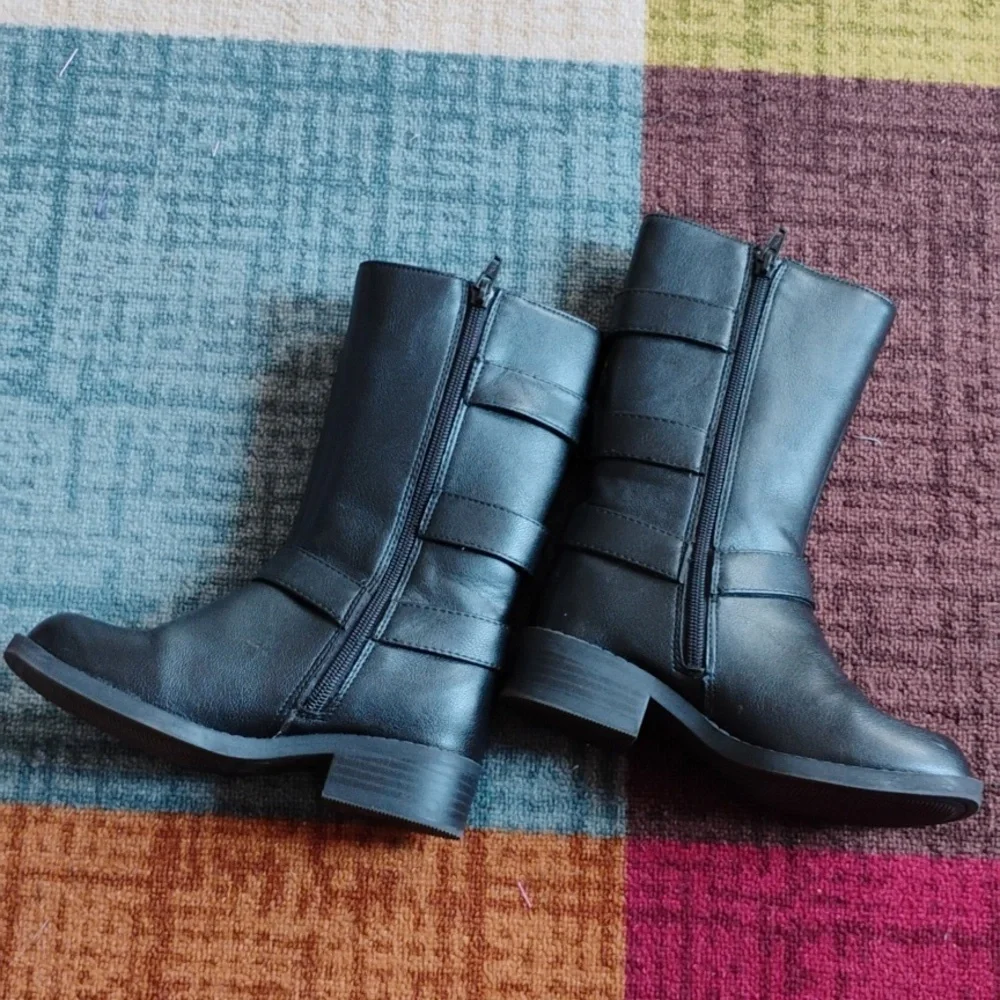 Girls Black Buckle Strap Boots, Winter Boots